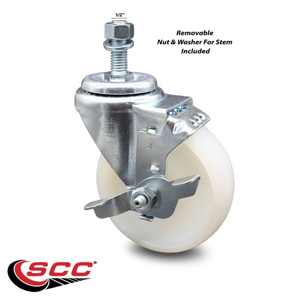 4 Inch Nylon Wheel Swivel 1/2 Inch Threaded Stem Caster with Brake